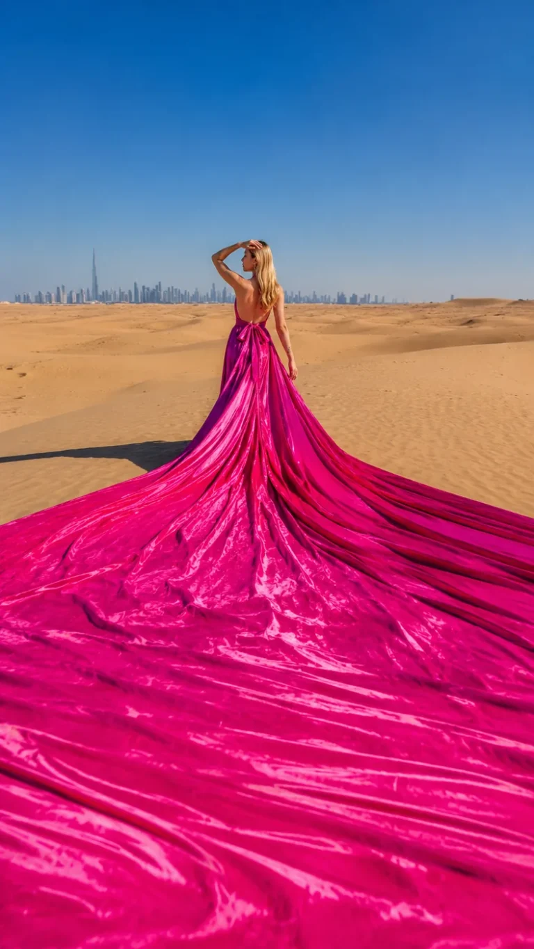 Pink flying dress photoshoot in the Dubai desert with the city skyline behind