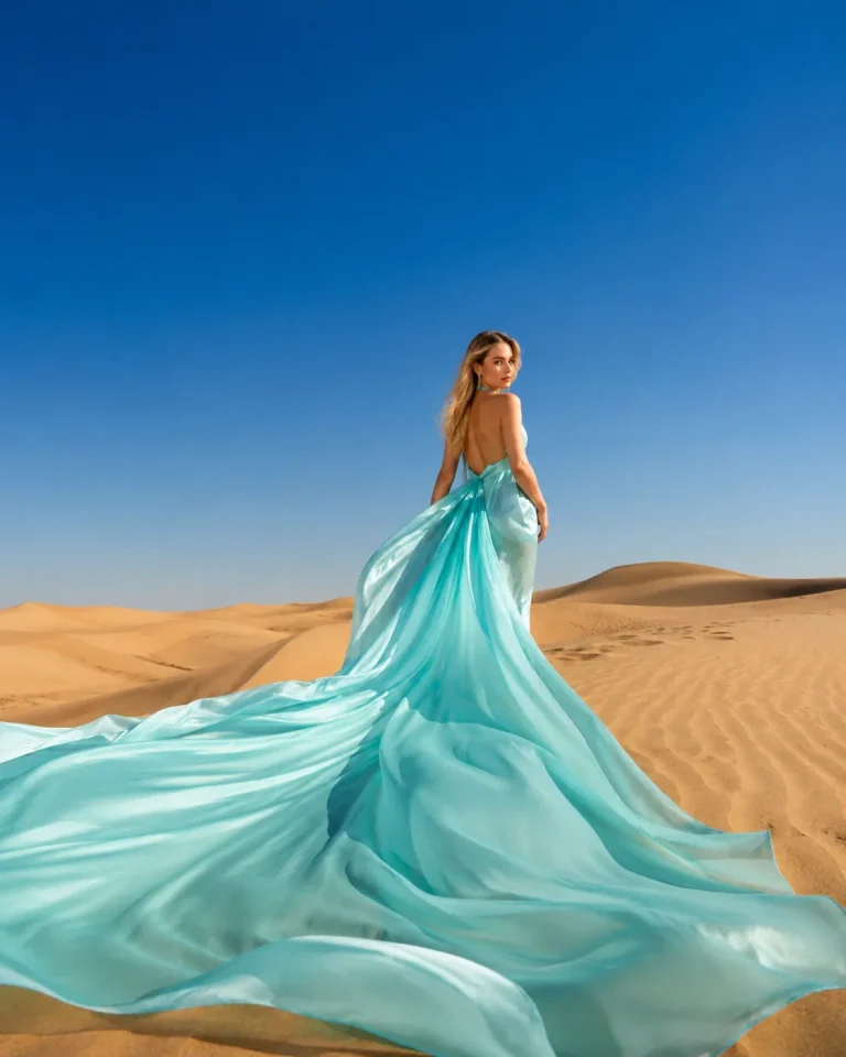 Turquoise flying dress with a long train spread across Dubai desert dunes
