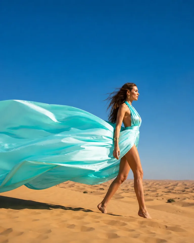 Turquoise flying dress photoshoot walking on the golden Dubai desert dunes