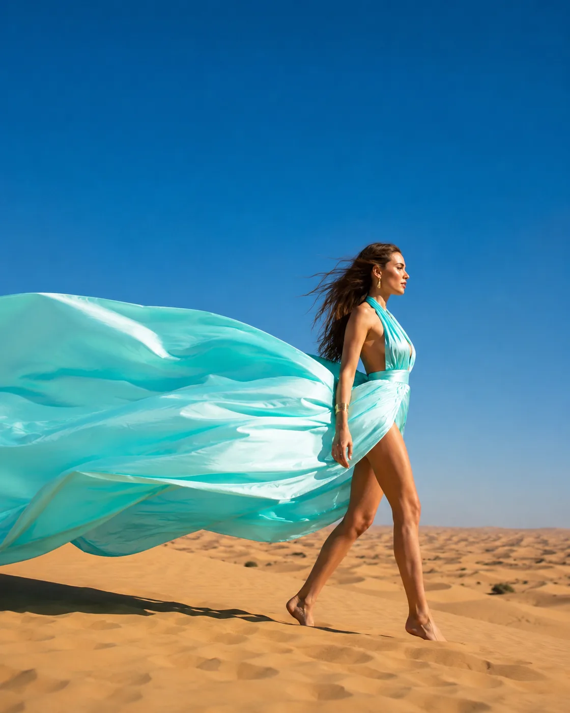 Turquoise flying dress photoshoot walking on the golden Dubai desert dunes